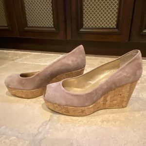 Stuart Weitzman; Anna Peep Toe, 3 1/2” heel, Beige Suede, W width